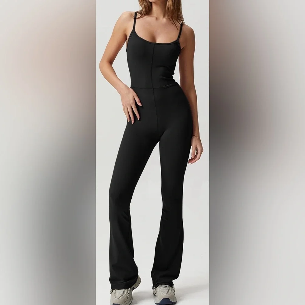 Black Women's Bodycon Flare Jumpsuit with Spaghetti Straps and Scoop neck. - Picture 3 of 7